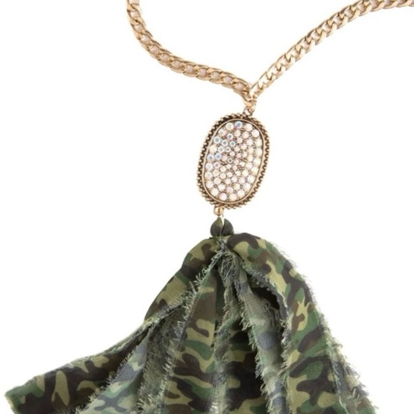 NEW Gold, Rhinestone, and Camouflage Tassel Necklace - Picture 2 of 7